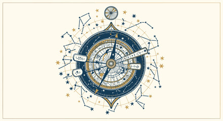 Vintage Astrology Compass with Constellations Diagram. © SuryaAji