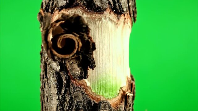 Close Up Of Tree Bark Peeling Away Revealing Fresh Wood Grain With Green Screen Background