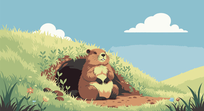 Illustration of a Groundhog Sitting Outside Burrow.