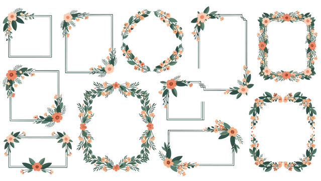 Elegant floral frames and wreaths with soft peach flowers and green leaves for invitations and decorative designs.