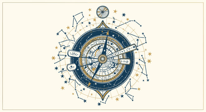 Vintage Astrology Compass with Constellations Diagram.