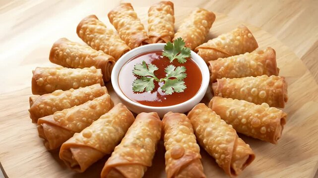 Crispy Golden Brown Egg Rolls Arranged In A Circular Pattern Around A Bowl Of Dipping Sauce On A Wooden Board With Subtle Lighting