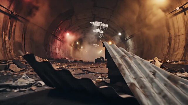 Dark Abandoned Tunnel Road With Debris Flickering Lights and Smoke Evokes Mystery and Danger