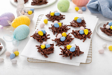 Chocolate bird nest dessert with cream chocolate eggs, dessert idea for Easter