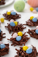 Chocolate bird nest dessert with cream chocolate eggs, dessert idea for Easter