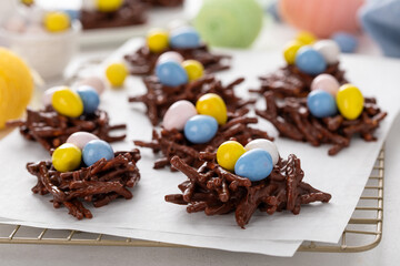 Chocolate bird nest dessert with cream chocolate eggs, dessert idea for Easter
