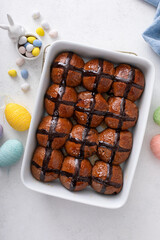 Chocolate hot cross buns for Easter, traditional pastry or dessert