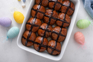 Chocolate hot cross buns for Easter, traditional pastry or dessert