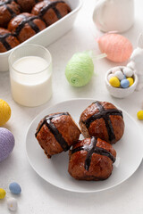 Chocolate hot cross buns for Easter, traditional pastry or dessert