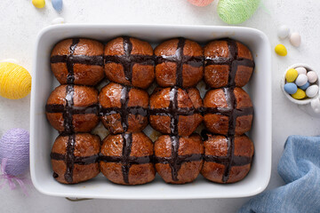 Chocolate hot cross buns for Easter, traditional pastry or dessert