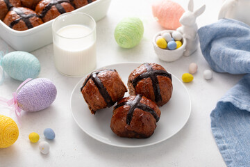 Chocolate hot cross buns for Easter, traditional pastry or dessert