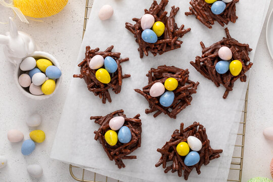 Chocolate bird nest dessert with cream chocolate eggs, dessert idea for Easter