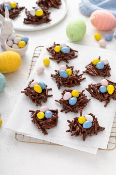 Chocolate bird nest dessert with cream chocolate eggs, dessert idea for Easter