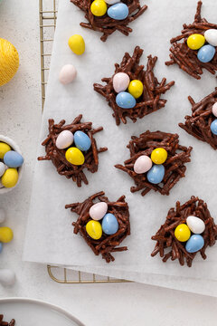 Chocolate bird nest dessert with cream chocolate eggs, dessert idea for Easter