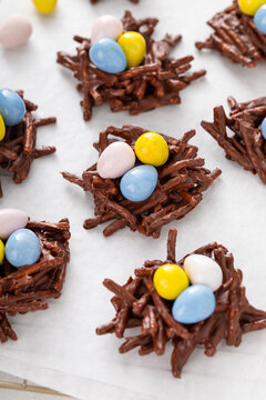 Chocolate bird nest dessert with cream chocolate eggs, dessert idea for Easter
