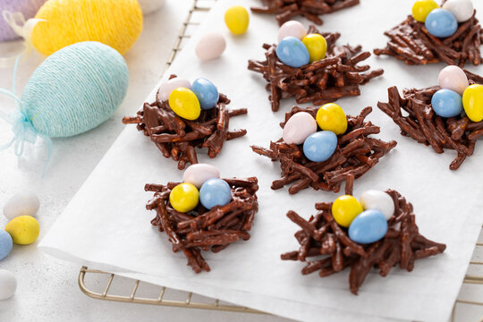 Chocolate bird nest dessert with cream chocolate eggs, dessert idea for Easter