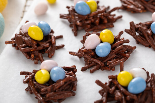 Chocolate bird nest dessert with cream chocolate eggs, dessert idea for Easter