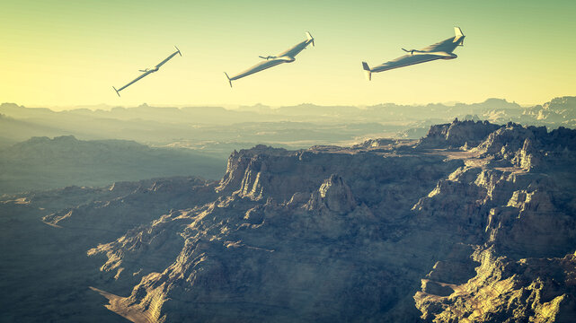 The HESA Shahed is an Iranian drone. Sensitive targets, attack. Drones flying at evening. Drone kamikaze, 3d rendering