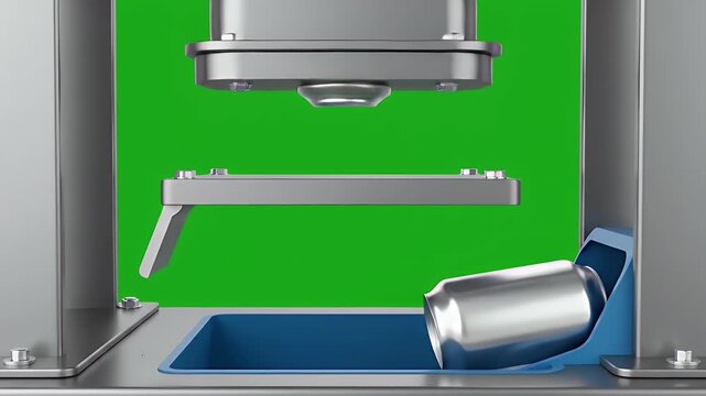 Industrial Metal Can Compaction Process Animation on Green Screen Clean Cutout with Hydraulic Press Crushing Metal Cylinder Recycling Concept