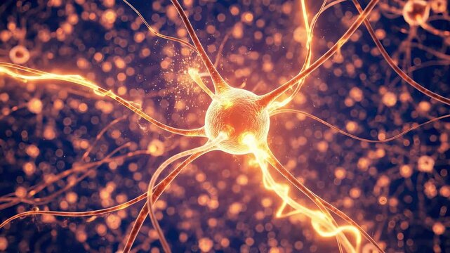 3D animation of a glowing neuron firing electrical impulses representing brain activity and neural connections in the nervous system