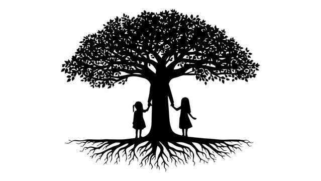 Silhouette of a father holding hands with two daughters standing under a large leafy tree on white background.