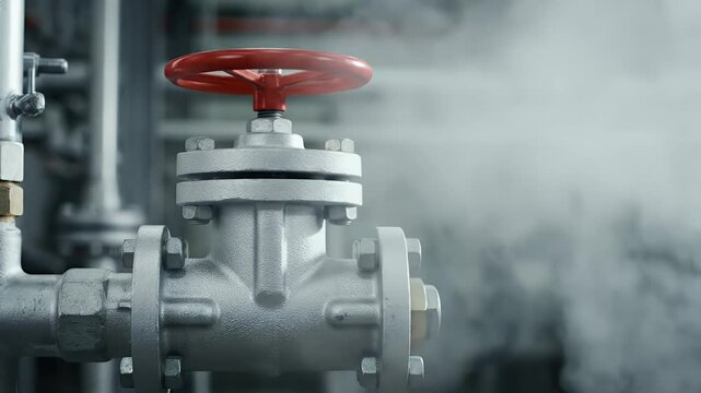 Industrial Steam Valve With Red Wheel Controls Water Flow In A Power Plant With Hazy Background Detailed Metal Pipeline System And Pressure Regulation Equipment Industrial Technology Concepts