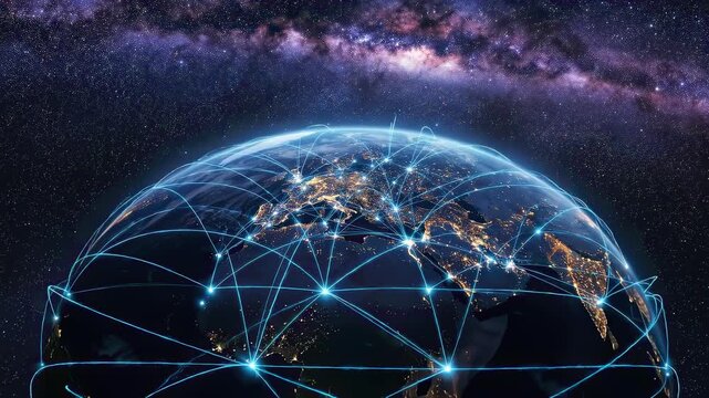 Planet Earth at night with global digital network connections and glowing city lights under Milky Way stars