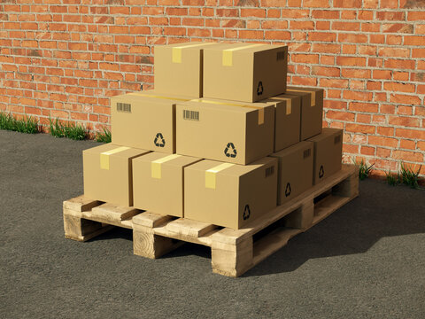 3D rendering of cardboard boxes with recycle symbols stacked on a wooden pallet against a brick wall, concept for logistics, shipping, and warehouse inventory.