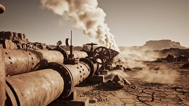 Rusty industrial pipeline releasing smoke into a dry arid landscape with cracked earth and distant mountains in sepia tone