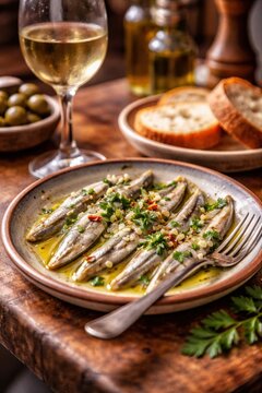 Boquerones en Vinagre im Restaurant als spanische Tapas serviert
Marinierte Sardellen mit Knoblauch, Kr&auml;utern und Oliven&ouml;l als spanische Vorspeise.