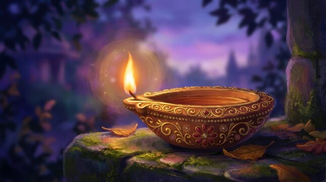 Ornate clay oil lamp glowing in a mystical forest setting