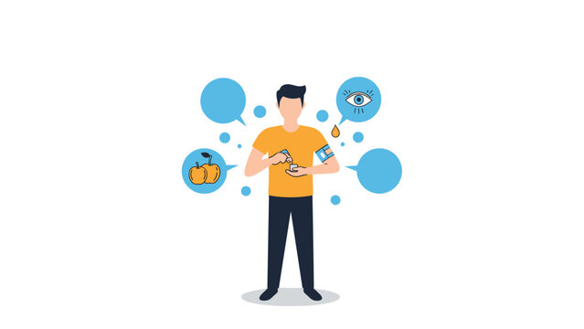 Young man monitors his blood sugar levels as part of a healthy lifestyle with medical icons like a glucometer and cuff.