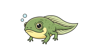 Naklejka premium Cute green cartoon tadpole swims through the water with small bubbles to illustrate the early life cycle of a frog.