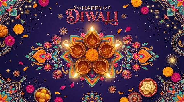 Colorful Diwali festival background with traditional lamps and floral patterns