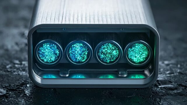 Metallic device with four illuminated, glowing filter elements