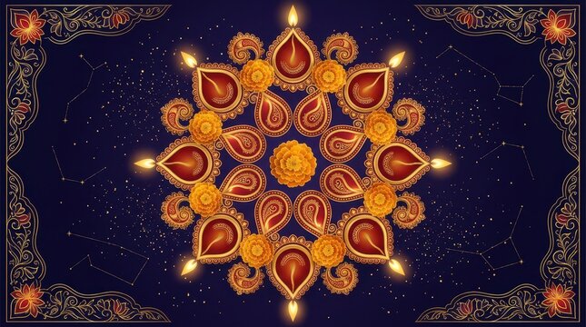 Intricate Diwali Rangoli Design with Lit Diyas on Dark Background