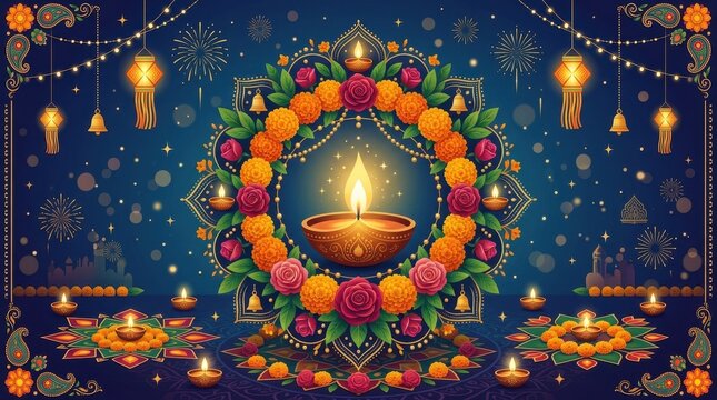 Colorful Diwali Festival Decoration with Lit Oil Lamps and Floral Wreath
