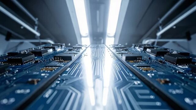Electronic circuit boards, chips, and components under bright, linear lighting