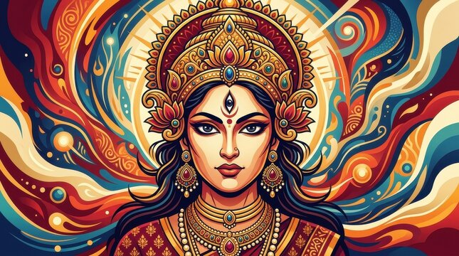 Colorful digital artwork of a goddess with intricate patterns
