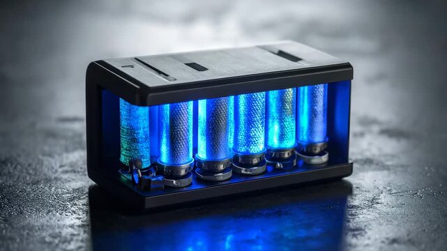 A futuristic device with glowing, colored cylinders in a dark frame