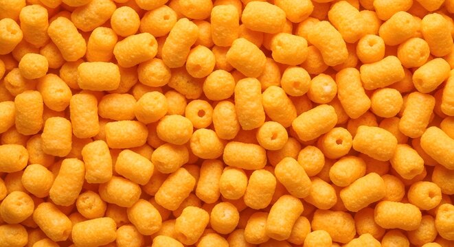 Close up of orange cheese puffs snacks filling the frame