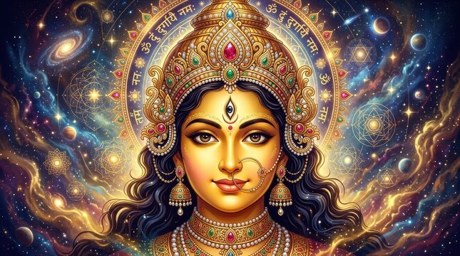 Goddess with cosmic background and intricate jewelry design