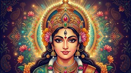 Obraz premium Colorful Illustration of a Goddess with Floral and Ornate Details
