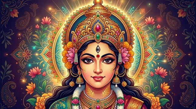 Colorful Illustration of a Goddess with Floral and Ornate Details
