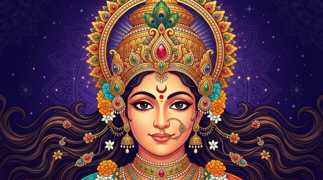 Colorful illustration of a goddess with ornate jewelry and floral decorations