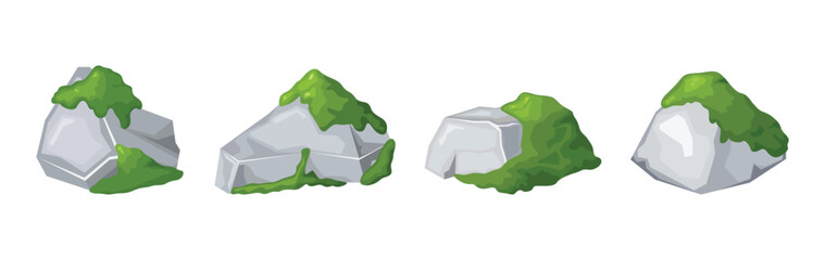 Set of Four Moss-Covered Rocks and Stones for Game Art and Nature Backgrounds. © Rizal