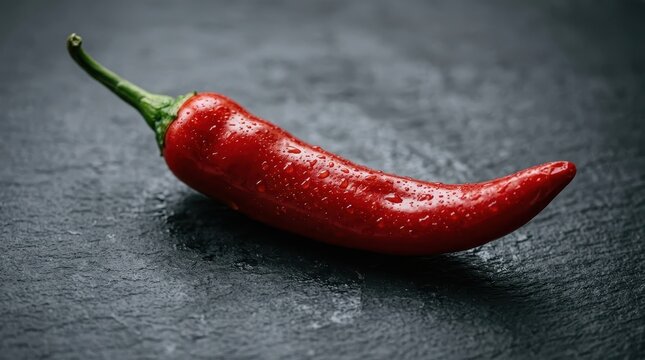 Single red chili pepper on dark textured background