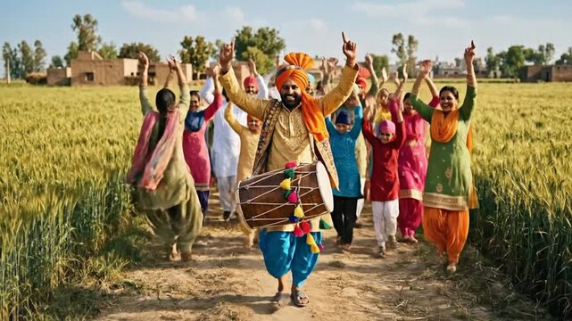 A vibrant dhol player leads a joyful group celebrating baisakhi, dancing in traditional attire through sunlit punjabi fields.