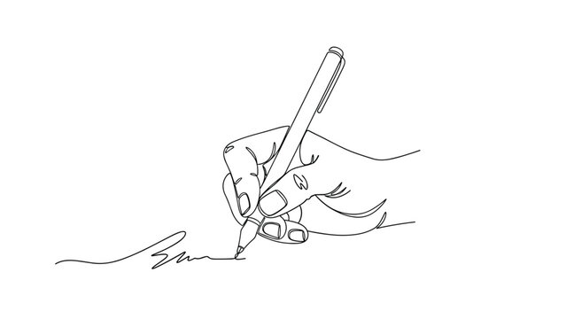 Continuous line drawing of a person's hand holding a pen and signing a document on a plain white background in a minimalist style.