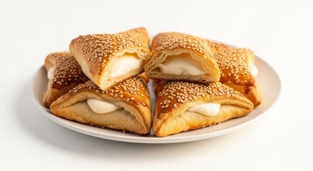 Delicious Cheese Bourekas with Sesame Seeds on White Plate.